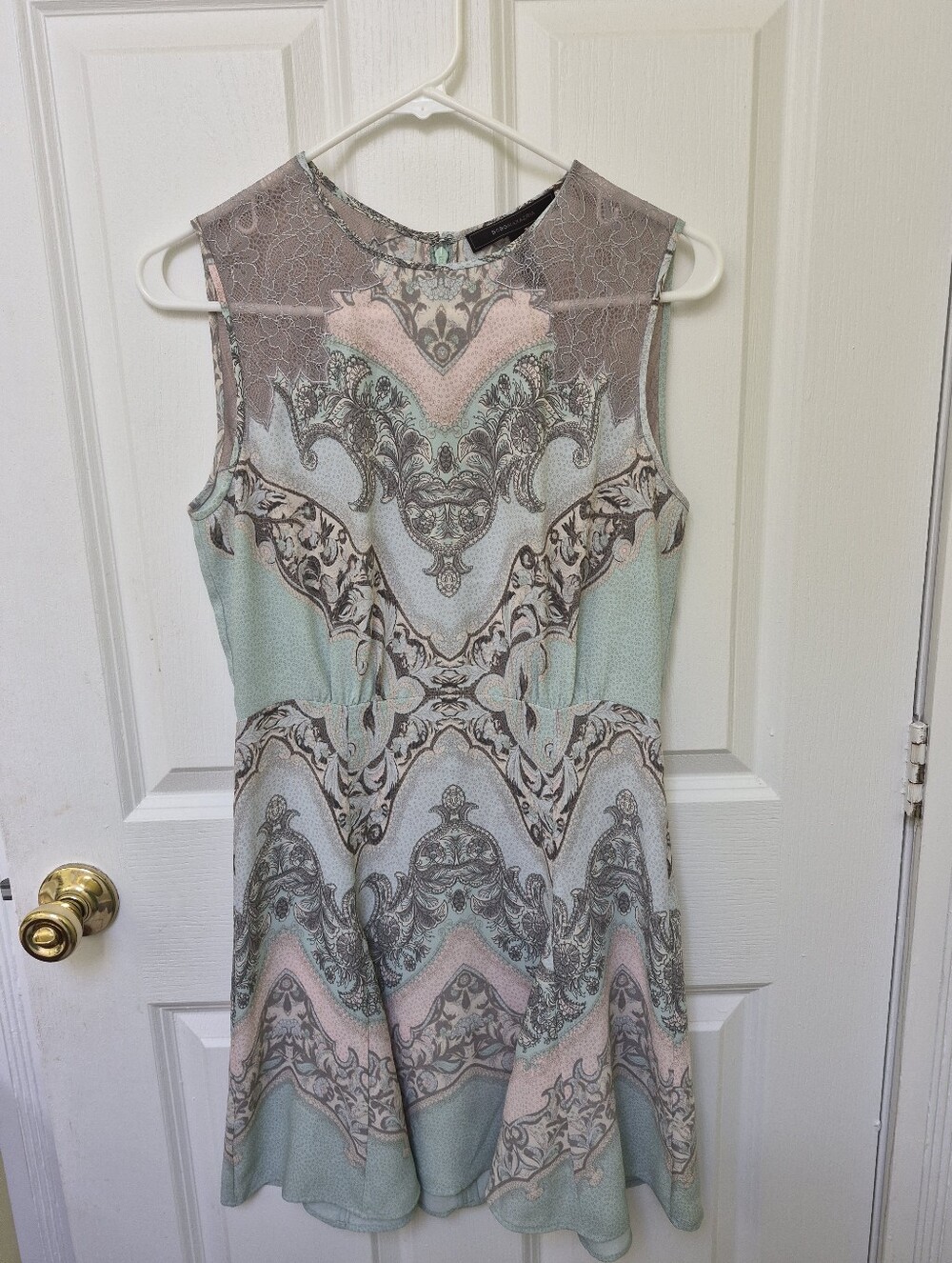 BCBGMaxAzria Pastel Mint, Blush & Taupe Paisley Fit-and-Flare Dress